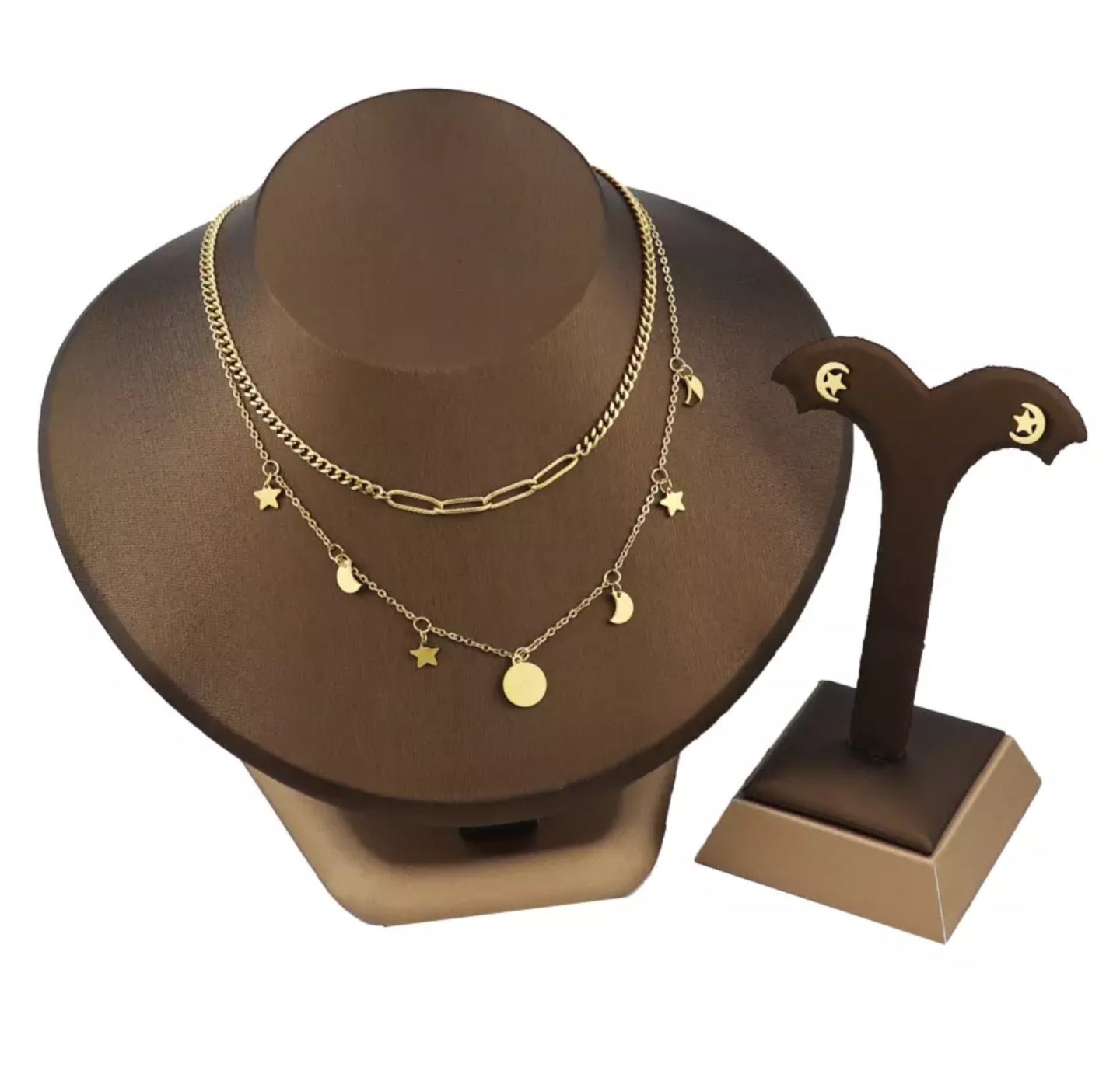 Collier double avec boucles d'oreilles en acier inoxydable plaqué or